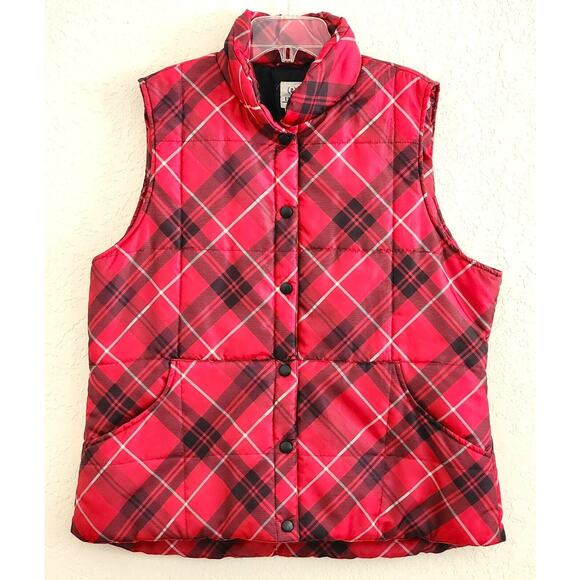 VEST-PUFFER-IZOD-Red Plaid-Snaps-Classic-Lightweight-Front Pockets-Size X-Large - Picture 1 of 12